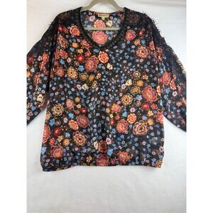 Democracy Floral Print V-Neck Blouse with Crochet‎ Trim - Bohemian Chic